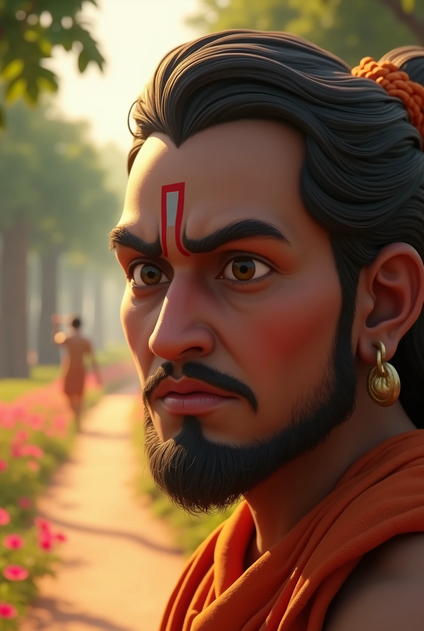 /imagine prompt: 3D animation, personality: (Sudama's face shows a mix of hesitation and determination, with furrowed brows and pursed lips. The path leading to Dwarka is visible in the background, lined with trees and flowers, symbolizing the journey ahead] unreal engine, hyper real --q 2 --v 5.2 --ar 16:9