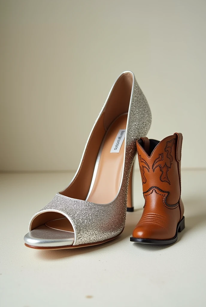 photo of an open high heel with glitter and a small cowtry boot on the side