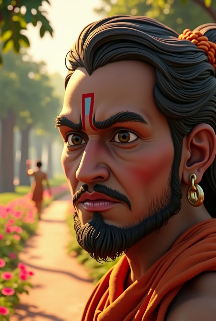 /imagine prompt: 3D animation, personality: (Sudama's face shows a mix of hesitation and determination, with furrowed brows and pursed lips. The path leading to Dwarka is visible in the background, lined with trees and flowers, symbolizing the journey ahead] unreal engine, hyper real --q 2 --v 5.2 --ar 16:9
