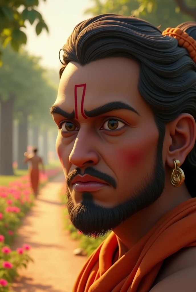 /imagine prompt: 3D animation, personality: (Sudama's face shows a mix of hesitation and determination, with furrowed brows and pursed lips. The path leading to Dwarka is visible in the background, lined with trees and flowers, symbolizing the journey ahead] unreal engine, hyper real --q 2 --v 5.2 --ar 16:9