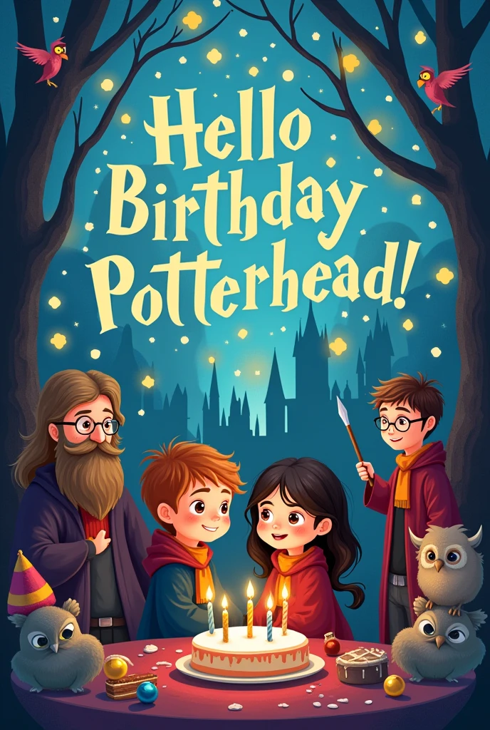 **create a birdthday party invitation card using Harry Potter cartoon theme, with words written on the card "Hello Potterhead, you are invited to Victoria's and Starry's Birthday Party!".**