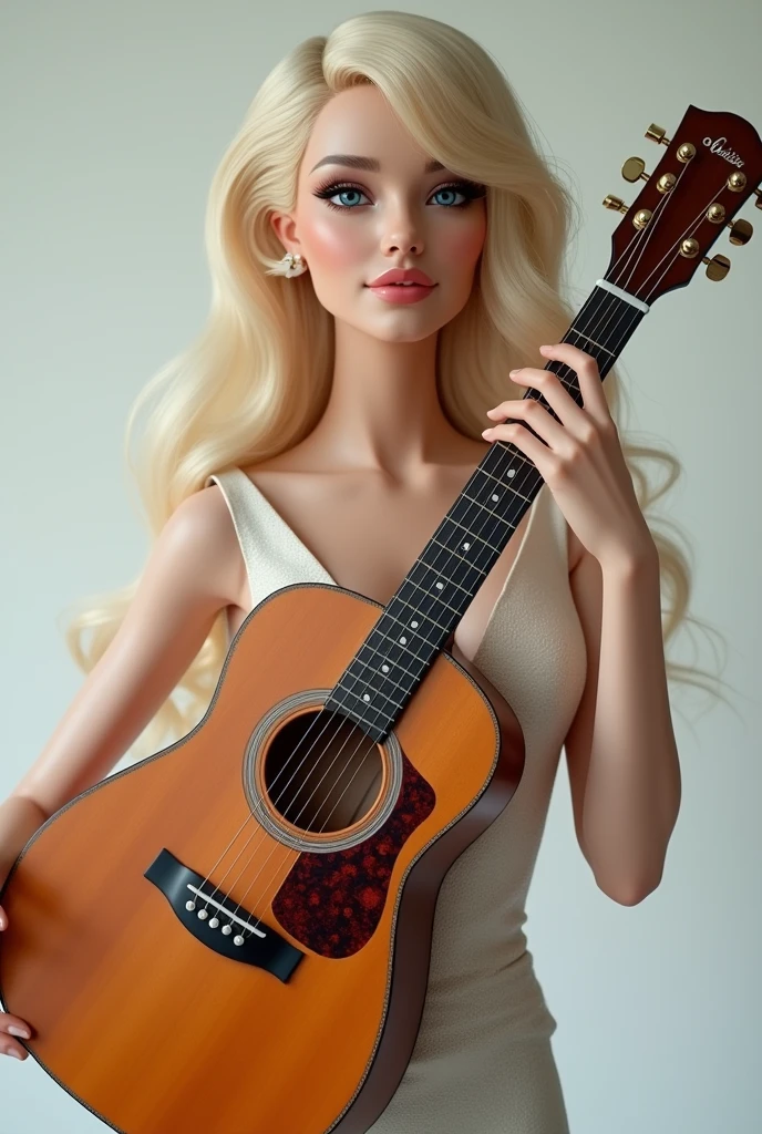 A woman that look like a Barbie face and holding a guitar