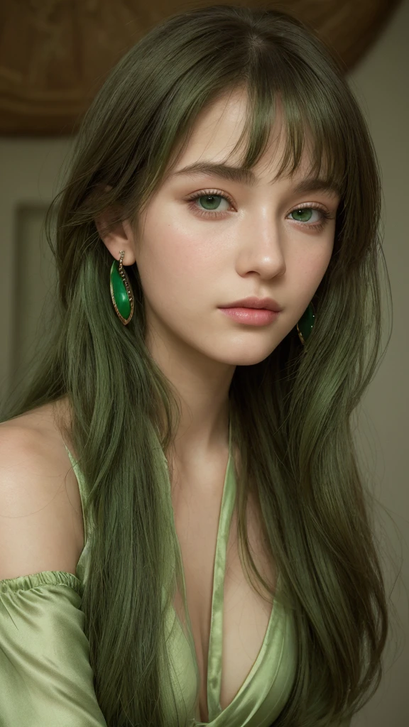 a girl. European. Extremely detailed face. Oval face. Delicate facial features. Half-closed eyes. Long straight hair. Messy hair. Bangs. Green hair. Green eyes. earrings. Green silk nightgown. sultry