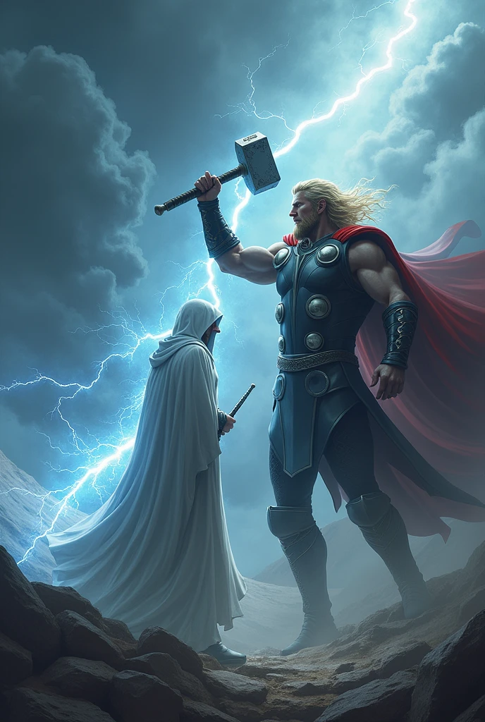 A White cloak guy with a colorful sword vs Thor