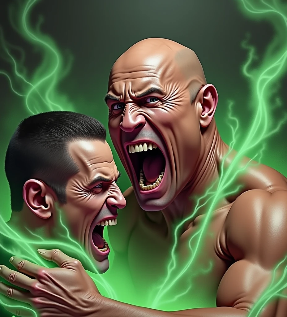 Dwayne Johnson scary face and John Sena scary face in their background green smoke under the bed 