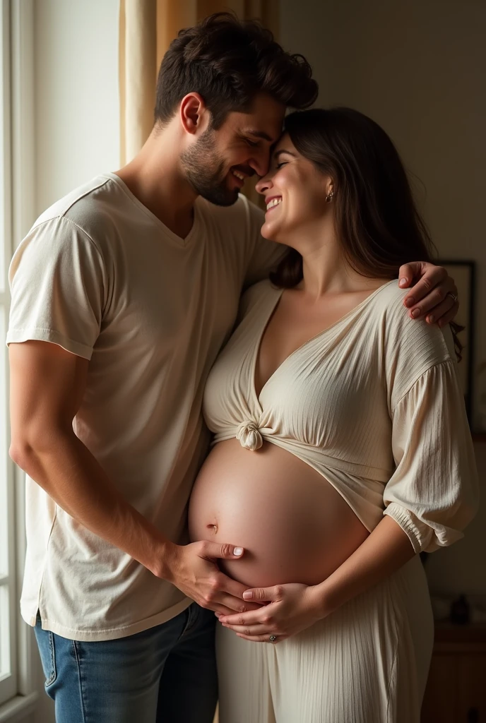 Creates a pregnant woman, she has white skin, black hair, green eyes and a husband by her side, with a beard, medium hair and green eyes