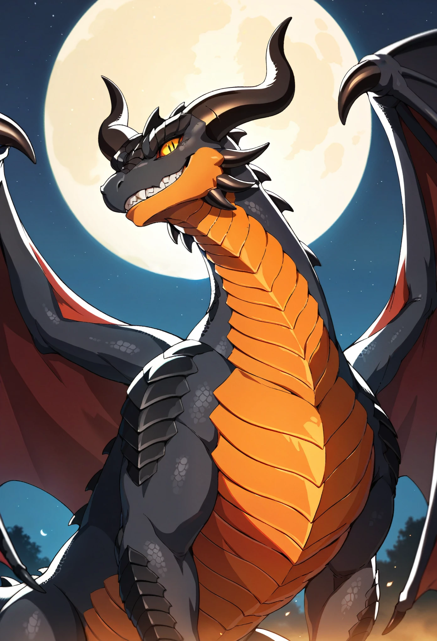 score_9, score_8_up, score_7_up, score_6_up, BREAK source_anime, best quality, masterpiece, solo, female, black dragon, feral, scalie, orange areola, onyxia, yellow-eyes, horns, slit pupils, black dragon wings, black dragon tail, big large body, breastless, evil smile, evil grin, seductive, looking at viewer, night sky, post-apocalypse, crumbling city on background, late night, moon, dark alleyway, detailed face, sexy, beautiful face, flawless face, detailed eyes, large eyes, low angle view,