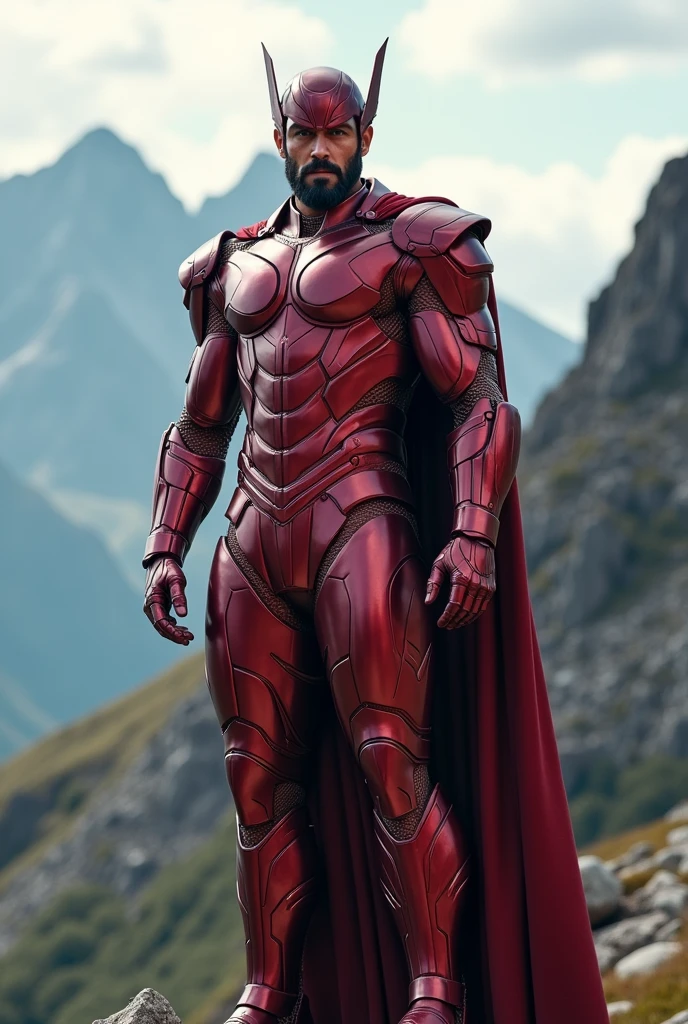 portrait of a super hero, robotic, red metalic thor armour, metalic plating, at mountain ,80mm, f/1.8, dof, bokeh, depth of field
