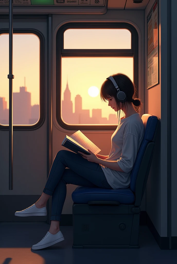 Makoto Shinkai style　I&#39;m sitting on a bench seat on the train reading a textbook with headphones on.　A simple college girl on a train running through the city in the evening