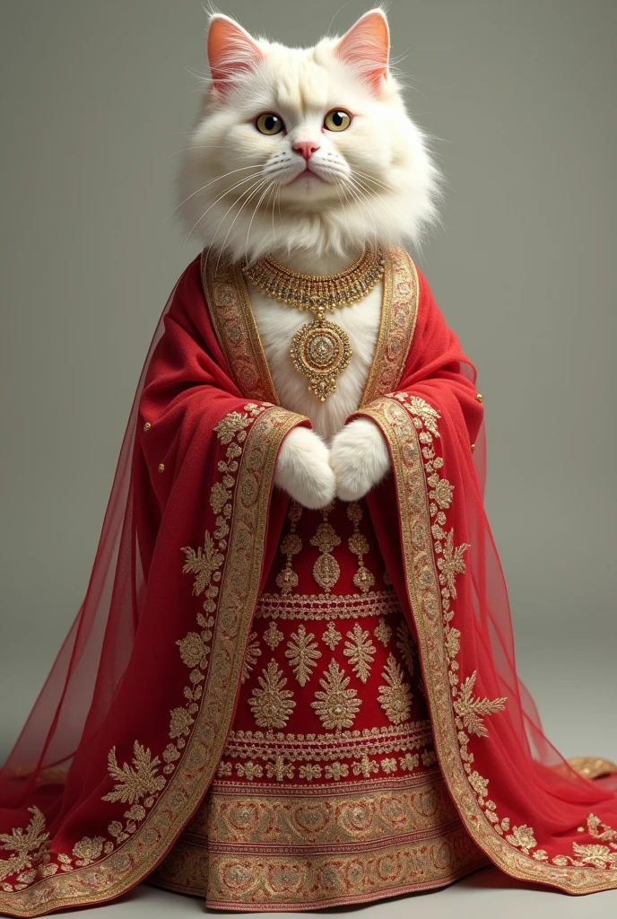 A white Persian Himalayan cat wearing a traditional Pakistani bridal lehenga in rich red and gold, with intricate embroidery, a dupatta, and statement jewelry. The cat walks gracefully on two legs, exuding timeless beauty and cultural richness.