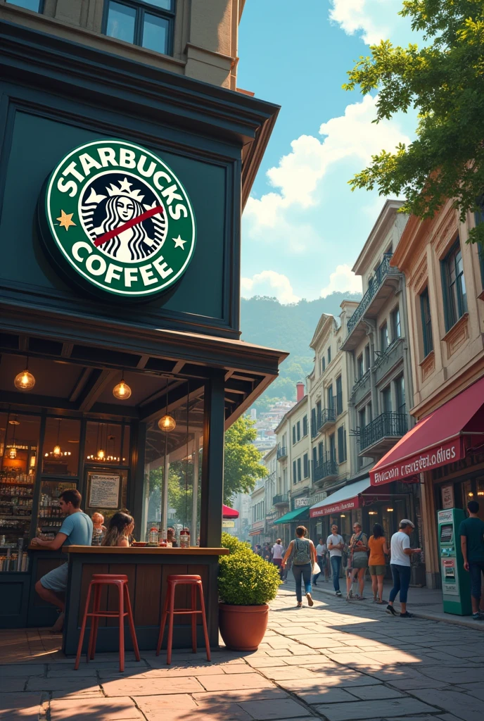 Create an image that depicts the contrasting paths of cryptocurrency adoption between Starbucks and El Salvador. On one side, show a Starbucks coffee shop with a digital screen displaying an NFT symbol with a red "X" over it, indicating the company stepping back from NFTs. On the other side, illustrate a vibrant street scene in El Salvador, with people using Bitcoin ATMs and shops displaying "Bitcoin Accepted Here" signs. Include visual elements representing digital currency, such as blockchain symbols and digital wallets, to emphasize the theme of evolving digital currency adoption.