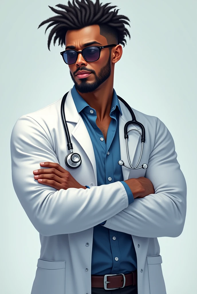 An Ethiopian muscular doctor with small sun glass on and wears white coat and have stethoscope on his neck and holds a fidget toy on his right hand and have a curly hair