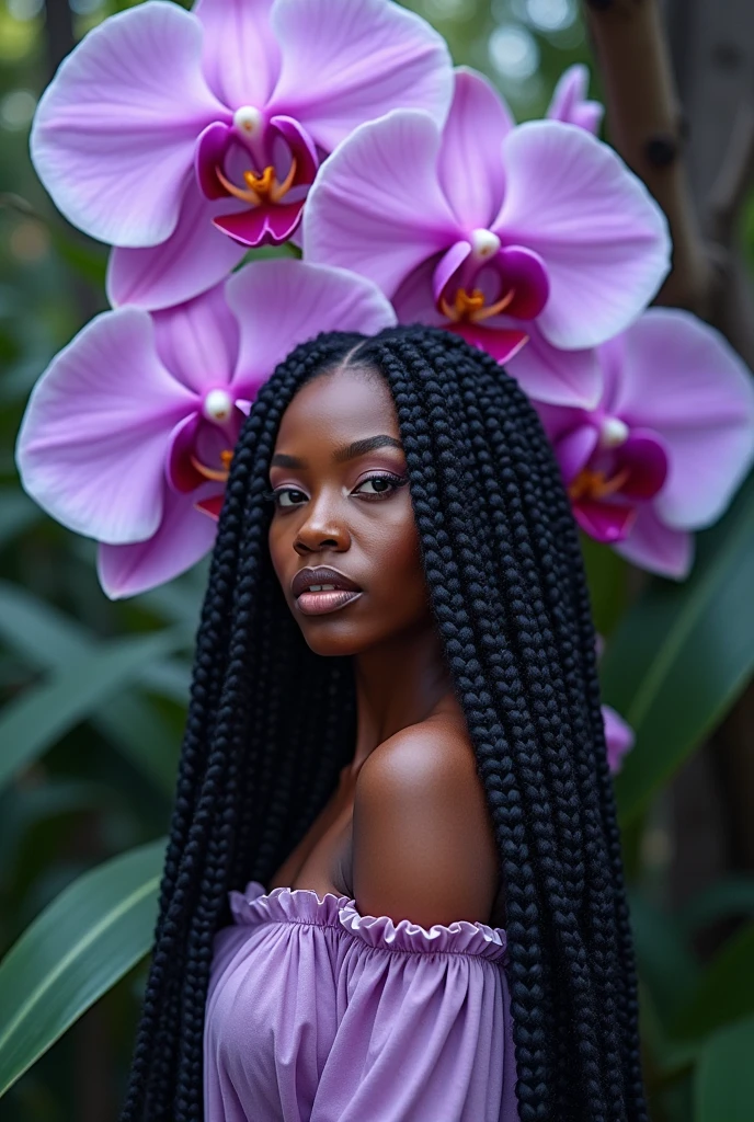 generate image of a black woman with big braids, Clothes in lilac tones, green and blue in front of a giant lilac orchid