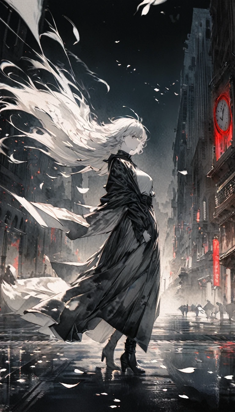emerging art works, Fusion of watercolor and oil painting, monochrome, no color, best quality, Ultra-fine, 16K, Extremely ridiculous, Very detailed, Beautiful fleeting girl standing in the city, Wind, Wind-effect, Moonlight night scene, (magnificent view:1.2), clock metal, (Only the falling petals are red)