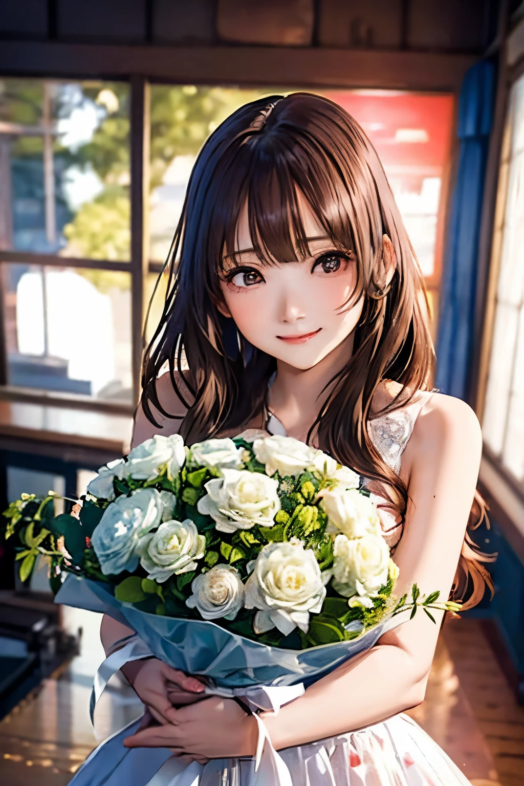 High resolution, 8k, Highest quality, detailed, Semi-realistic anime, Anime 3D Style, Smooth anime CG, One Girl, 20 year old Japanese woman, slim, Modeled, Shiny Hair, detailedな顔, Beautiful and detailed, Glowing Skin, Hard Focus、Film Grain, Soft lighting, Looking at the audience, Laughter,white、Ocean、Droopy eyes、Brown eyeballs on face、smile、Woman in prom dress、Long Hair Woman、detailedな顔、Clear Face、Mole、bouquet、(bride)