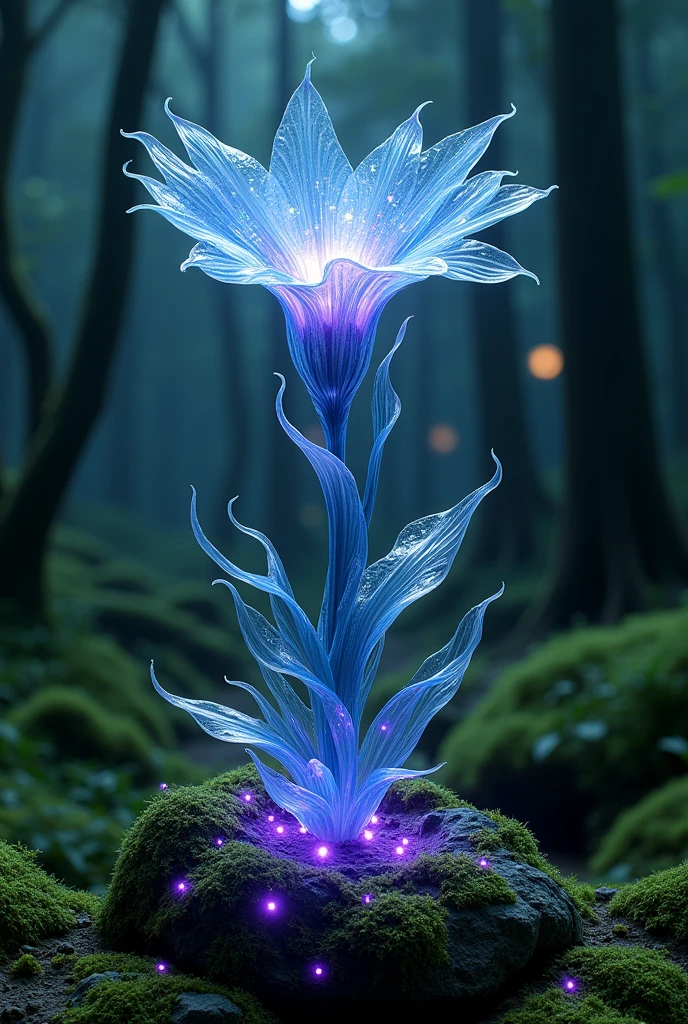 Glass art,surreal,Glass sculpture in a forest covered with moss and old trees and little foliage, a mossy green light illuminates the landscape, in the center a Lady of the Night flower (The night sky) how Glass Sculpture carved in stone, a clear blue light of moonlight on a full moon night illuminated, highlighting your beauty, small points of light come out of the flower like little perilamps as if in a happy dance,Sculpture that defies the laws of physics、indigo art, Moss covered sculpture、some soft purple LED lights create artistic effect, using Dale Chihuly's style of colors and size, as pétalas no estilo de Louis Comfort Tiffany, the flower base in the style of Amber Cowan, Hyper-Realism