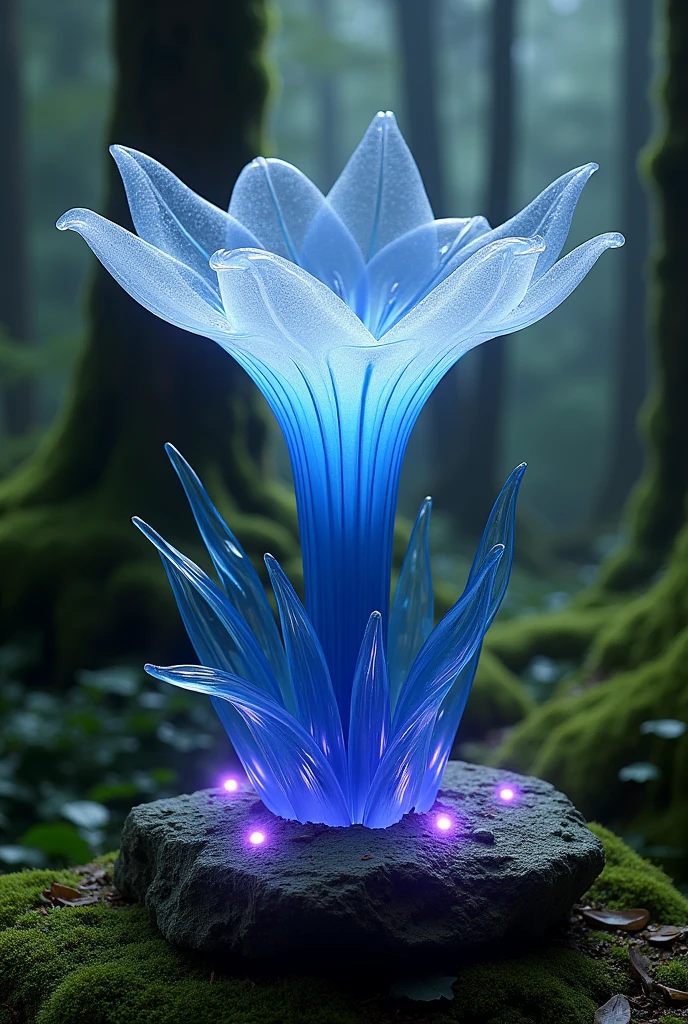 Glass art,surreal,Glass sculpture in a forest covered with moss and old trees and little foliage, a mossy green light illuminates the landscape, in the center a Lady of the Night flower (The night sky) how Glass Sculpture carved in stone, a clear blue light of moonlight on a full moon night illuminated, highlighting your beauty, small points of light come out of the flower like little perilamps as if in a happy dance,Sculpture that defies the laws of physics、indigo art, Moss covered sculpture、some soft purple LED lights create artistic effect, using Dale Chihuly&#39;s style of colors and size, as pétalas no estilo de Louis Comfort Tiffany, the flower base in the style of Amber Cowan, Hyper-Realism