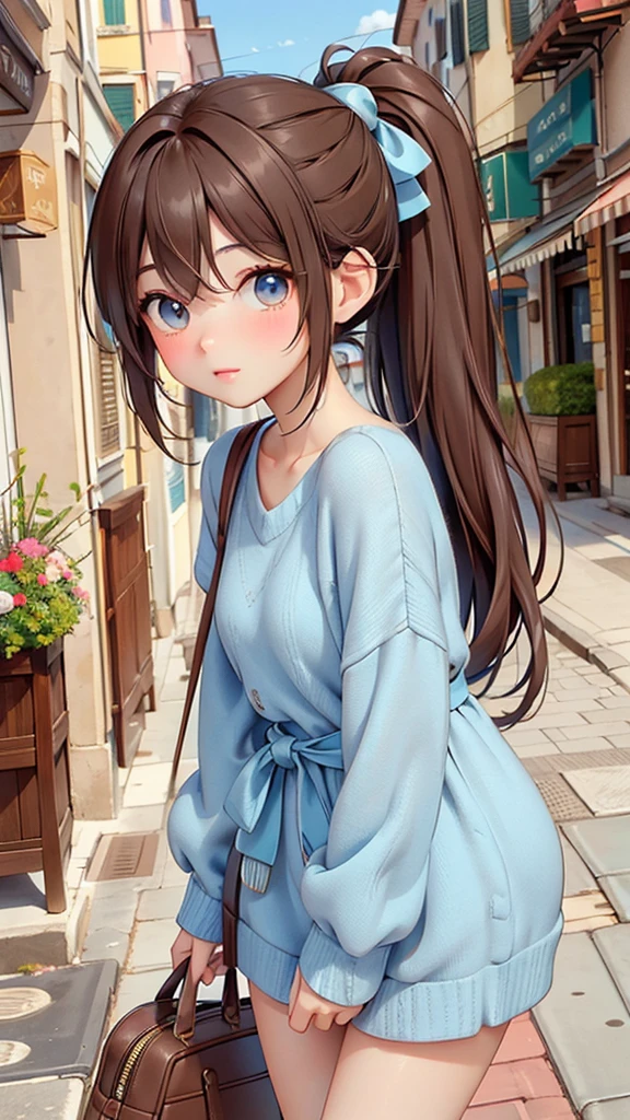Italian woman with healthy olive skin。Her smooth, thick, dark brown hair is tied in a ponytail.、Eyes are light blue、A toned and well-balanced physique、Dressed in stylish and cute Italian fashion、With a bright and energetic look、Typical Italian streetscape in the background、Long hair、In a ponytail、leaning forward heavily。