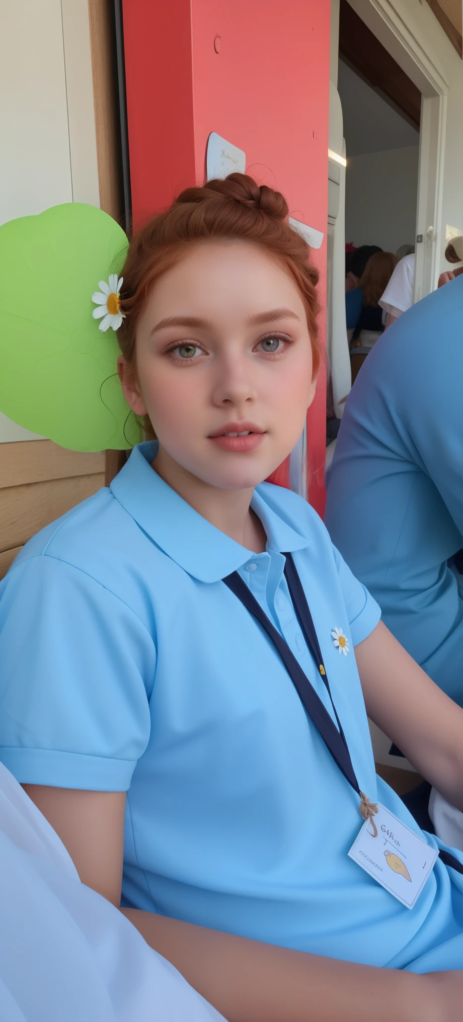(girl:1.2),alone, (long ginger curly hair:1.1), brown eyes, Wearing a daisy wreath on your head, Sit in a daisy field, (fruit basket:1.1), blue shorts, red shirt,,raw,photographic,photo shadows,actual,Ridiculous,Aesthetic,elegant