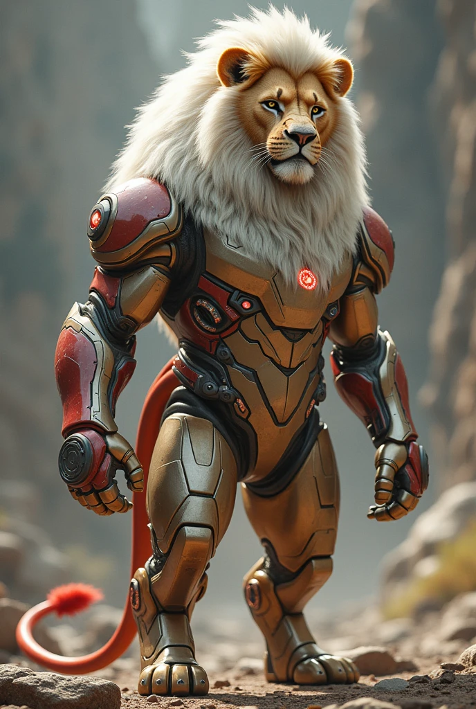 A lion with a white hair and red tail with iron man suit
