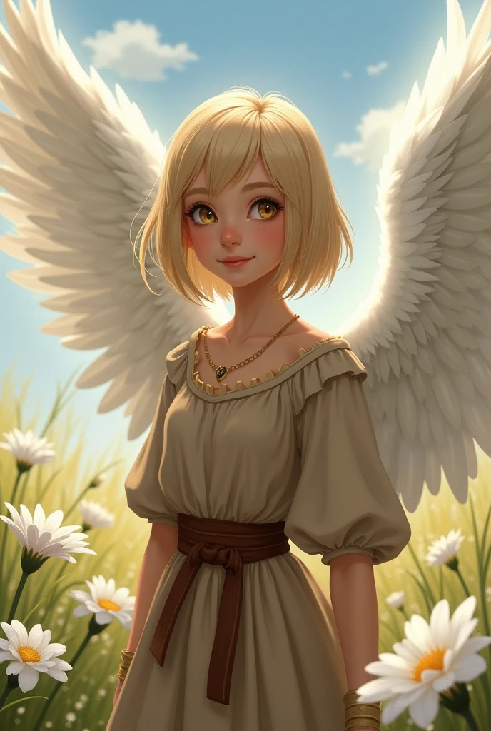 1 female angel, beatuiful face, fantasy, young adult years, she is wearing brown cheap medieval clothes, she has blond short bobcut hair, she has gold gemstone eyes, she is smiling, white flowers field in background, fantasy, (she has olny one angelic big wing white), very flat chest, realistic