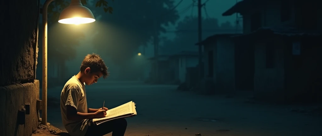 On a dark night, a poor Indian boy,  wearing torn shirt, disheveled hair, sits under a street lamp, selling news paper, reading a book in from his hand