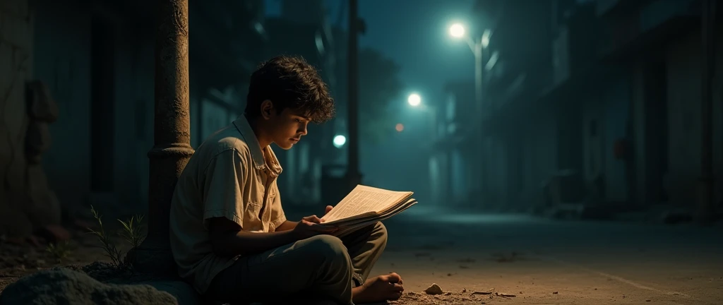 On a dark night, a poor Indian boy,  wearing torn shirt, disheveled hair, sits under a street lamp, selling news paper, reading a book in from his hand