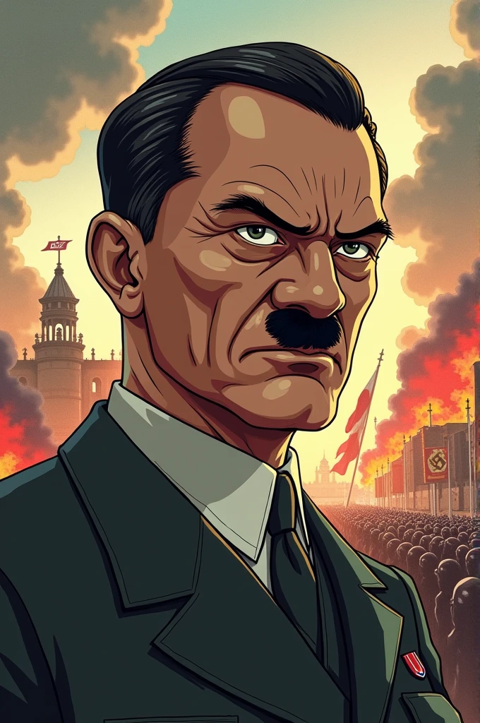 Create a pictire of adolf Hitler in anime verson and in backgrounds us mao of germany in time of WW2