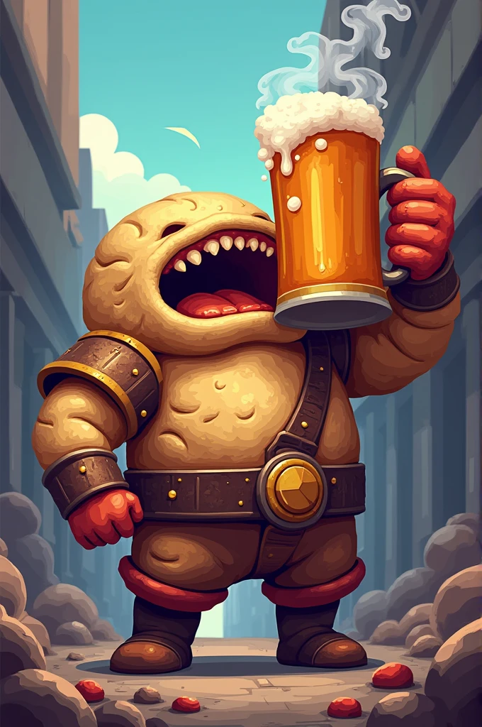 "Khinkali warrior" - Khinkali with a lot of meat and broth inside. Blow up with a mug of beer
Style: Retro games, 16 bit.