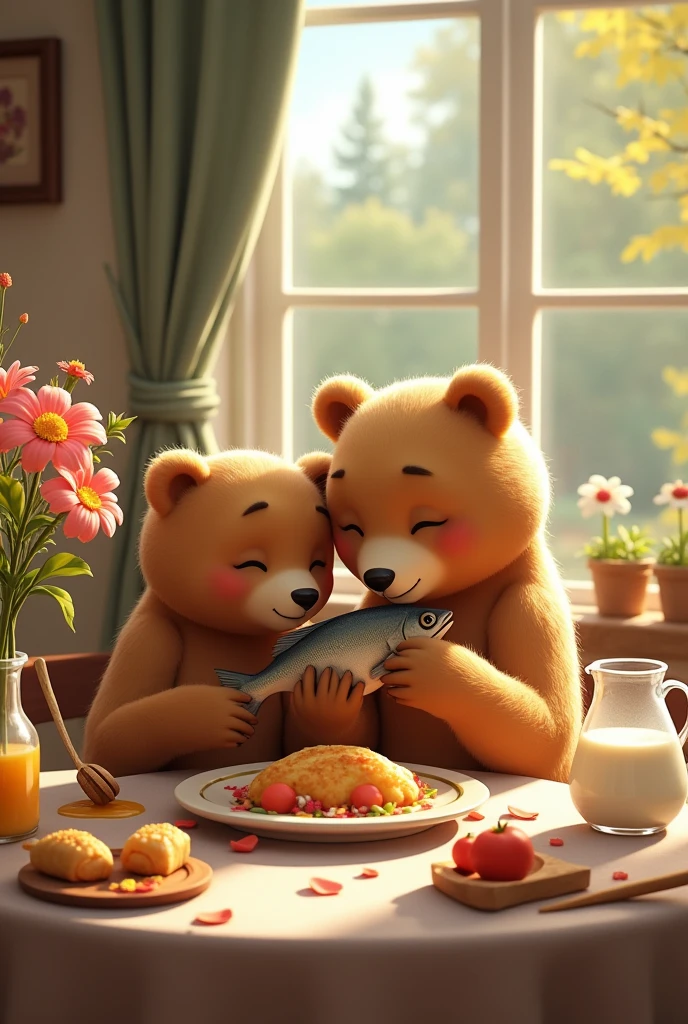 Mother bear and cub eating fish on the dining table, on the dining table there is honey and milk,flower vase
