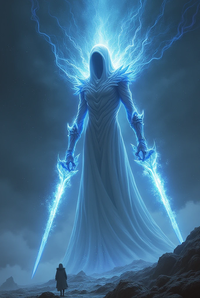 Create an image of the omniverse reaper, with glowing, ethereal blades that manipulate reality, and a slender, crystalline hilt that shines like stars.