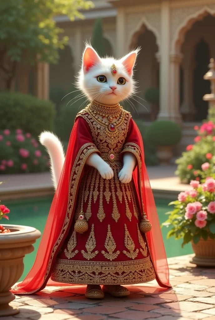 "A white cat walking on her hind legs in a lush Indian palace garden, wearing a traditional Rajasthani bridal lehenga. The cat is adorned with gold and ruby jewelry, a heavily embroidered red lehenga, a matching dupatta, and jeweled juttis. The background features fountains and blooming flowers."