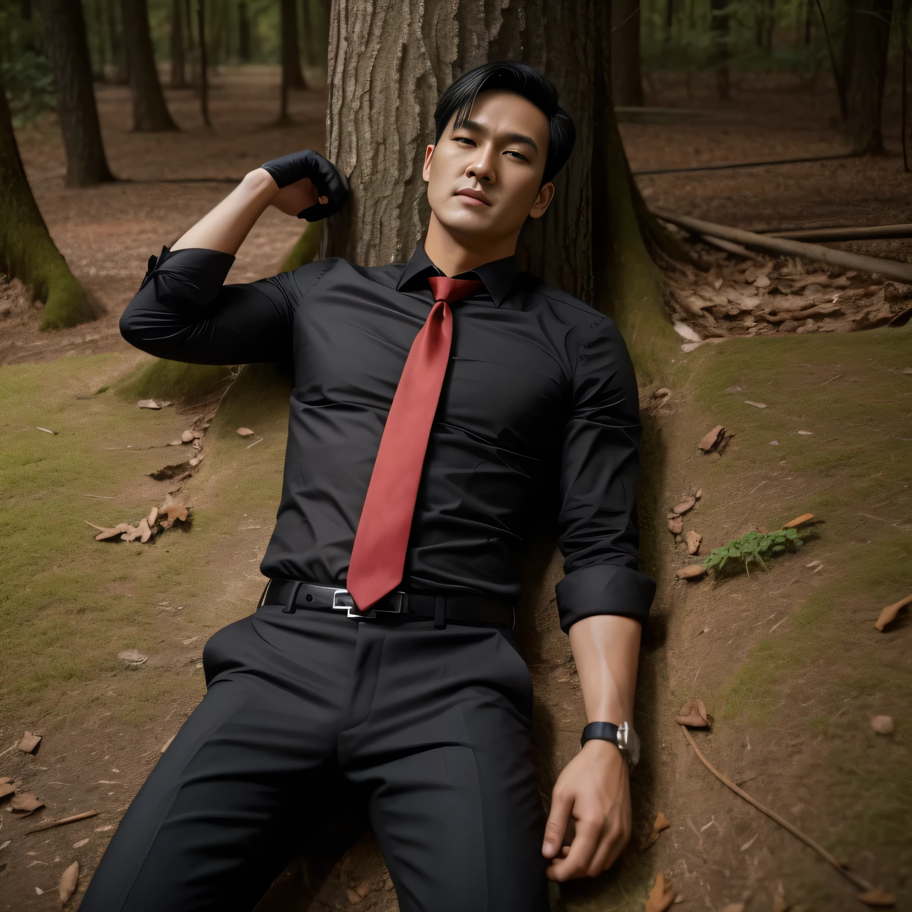 3,One Man,Tall handsome man、Black Shirt、Red tie、Black gloves、Forest、Lying on your back on the ground、knock down　Scream、 ,Black Hair、Very short hair、undercut、Asian Face　The crotch area of your trousers is bulging　Seen from below　