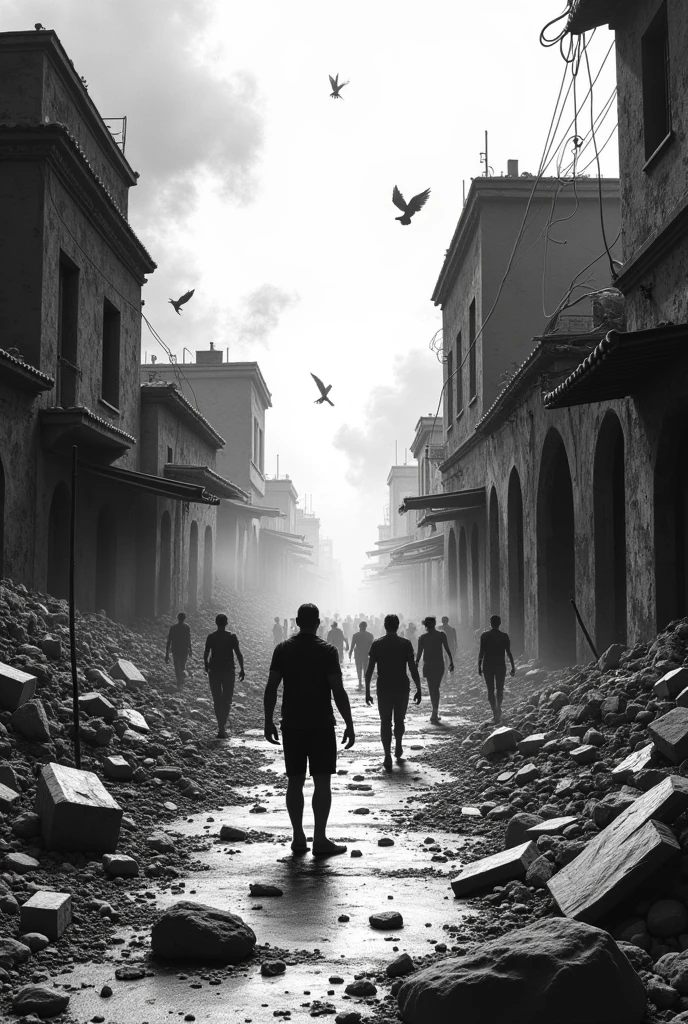 Generates a Mexican scene of chaos and destruction in a surreal style. in black and white