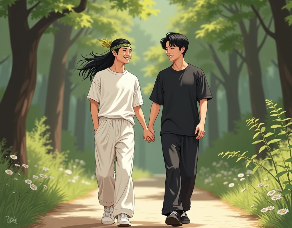A young Korean man walks with a herbal headband on his head with long hair in a white oversized T-shirt, wide white pants in white sneakers, is coming close, with his tall male friend, who is wearing a black shirt without a tie, black trousers and black shoes, They hold hands and walk along a forest path smiling at each other