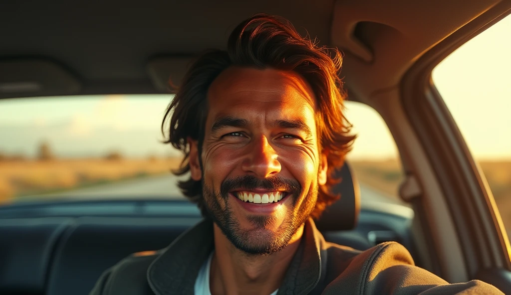 stunning detailed portrait of a happy man driving on the road, close-up, realistic, photorealistic, 8k, HDR, physically-based rendering, professional, vivid colors, warm lighting, cinematic, dramatic, intricate details, expressive face, focused gaze, windswept hair, vibrant colors, atmospheric, emotive, beautiful