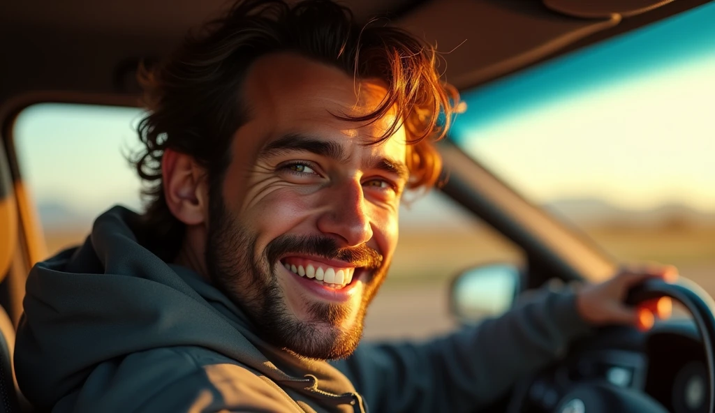 stunning detailed portrait of a happy man driving on the road, close-up, realistic, photorealistic, 8k, HDR, physically-based rendering, professional, vivid colors, warm lighting, cinematic, dramatic, intricate details, expressive face, focused gaze, windswept hair, vibrant colors, atmospheric, emotive, beautiful