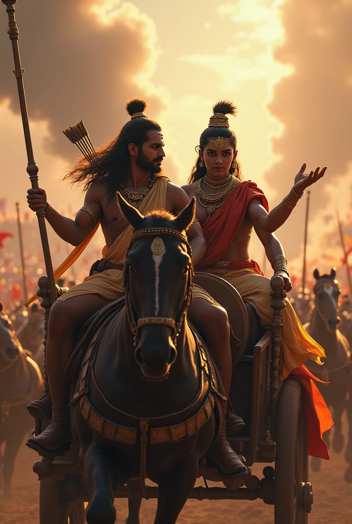 Arrow battle between Arjun in battlefield and lecturing him , both are sitting on a chariot, both are of same height,krishna pointing his hands towards battle, both looking in same direction towards the battlefield, dynamic lighting, mythology imagination