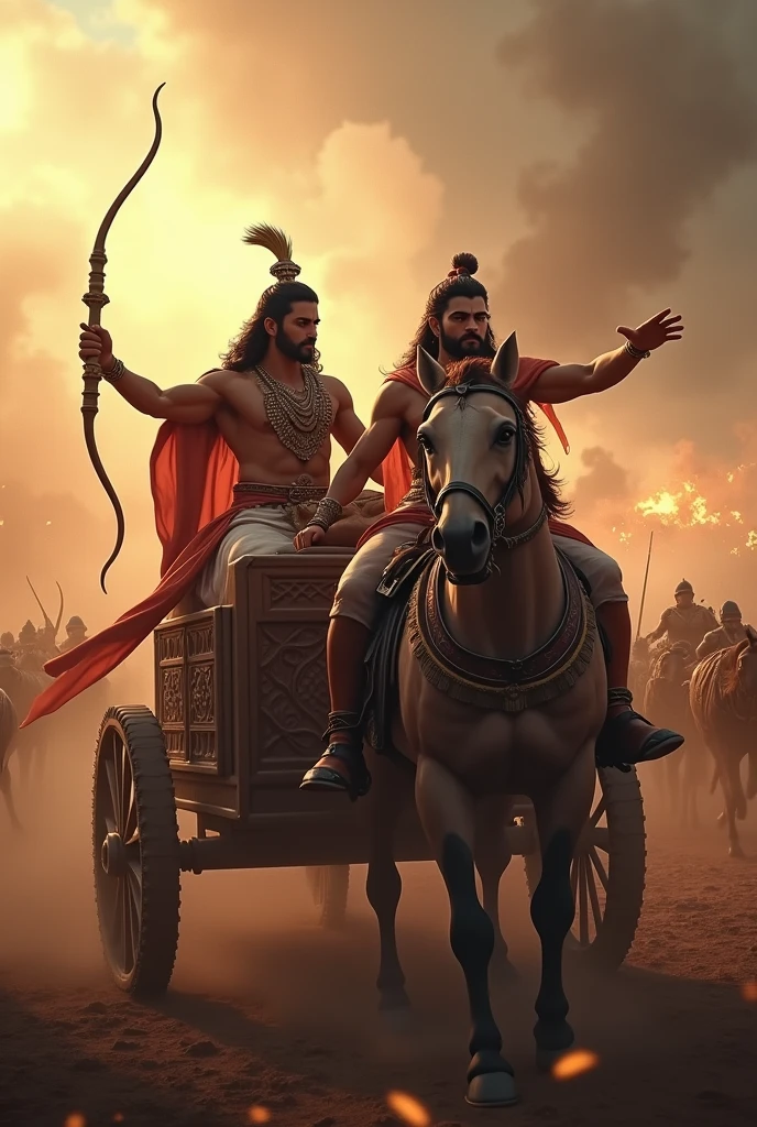 Arrow battle between Arjun in battlefield and lecturing him , both are sitting on a chariot, both are of same height,krishna pointing his hands towards battle, both looking in same direction towards the battlefield, dynamic lighting, mythology imagination
