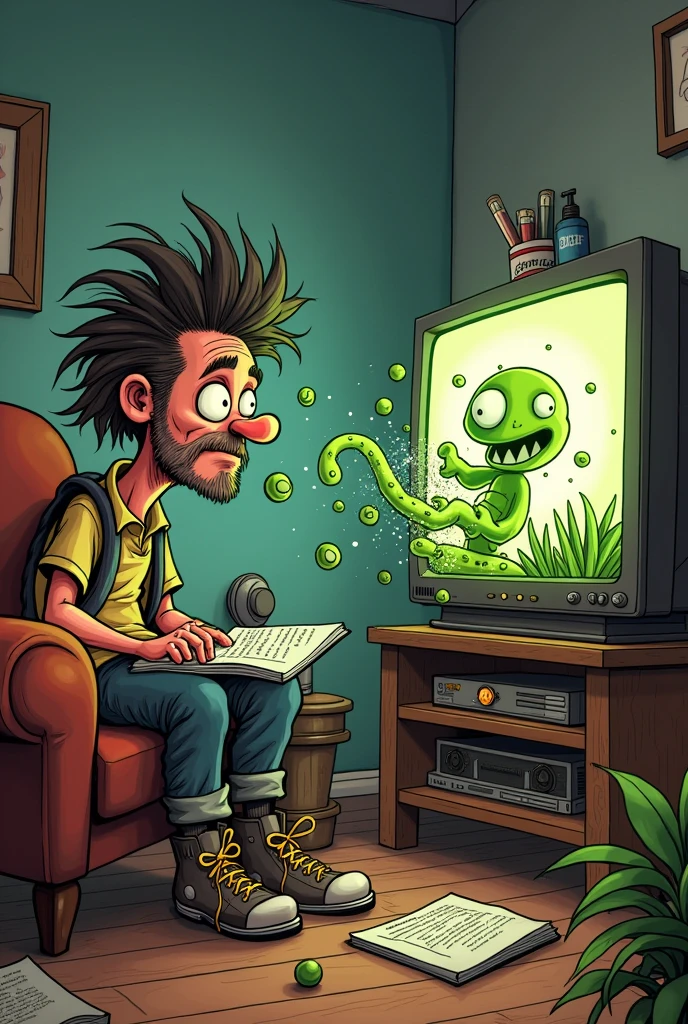 crazy Dave was peacefully watching tv and saw from the tv there was a zombie apocalypse then he needs to do I research but he accidentally spills it to a plant and came to life it shoots peas and when it hits the tv it broke