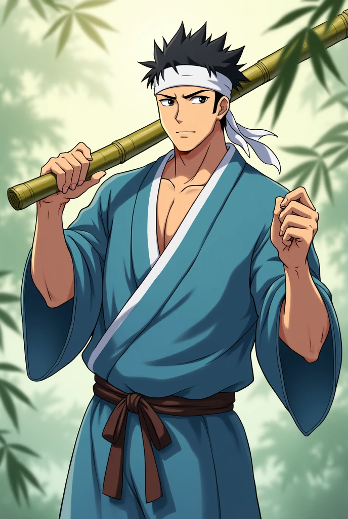 anime、whole body、looking at the camera、male、Around 40 years old、Muscular build、Square face、Round Nose、short hair、No bangs、Black Hair、Blue Jinbei、White headband、Pulling out a large bamboo