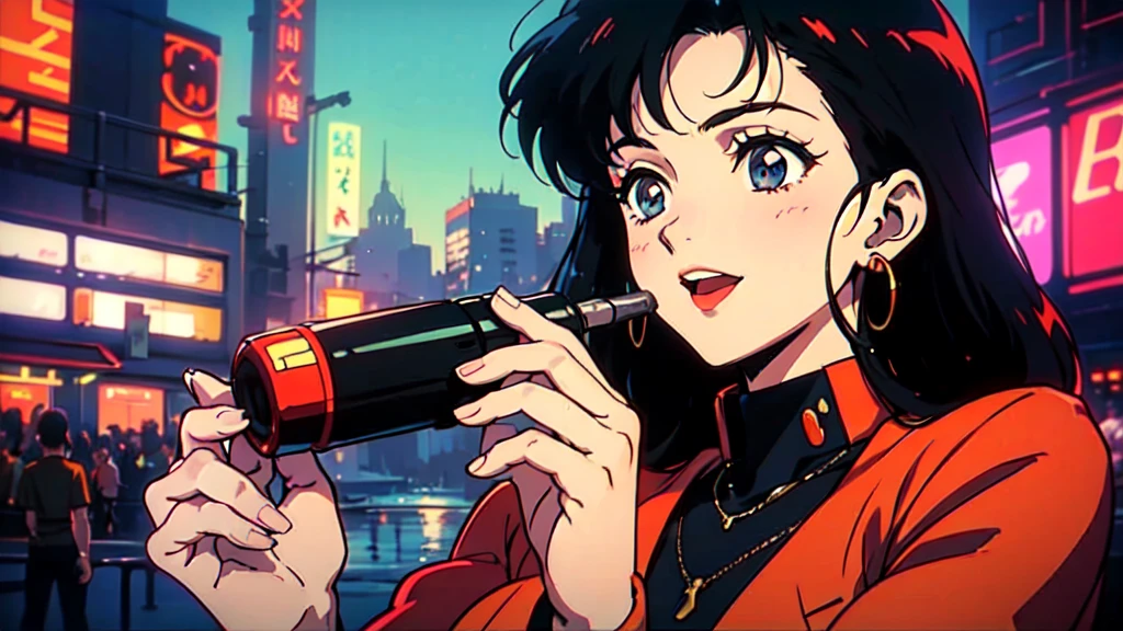 80's, Retro, City Pop, (Album cover), masterpiece, Highest quality, (anime, shape), Close-up, One girl, Shortcuts, Singing with a smile, cyber punk