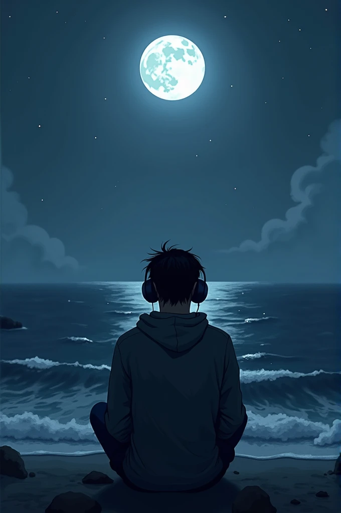 A depressed adult boy watching at the sea on midnight with headphones on..due to love failure