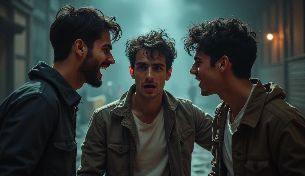3 yang man arguing, with one trying to convince the others about the shadow.
