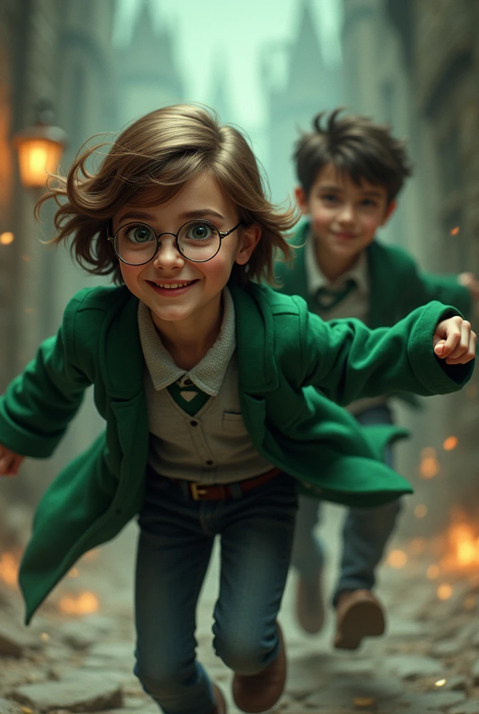 The older brother chases after a young woman with short brown hair, glasses, and cheerful Slytherin robes.