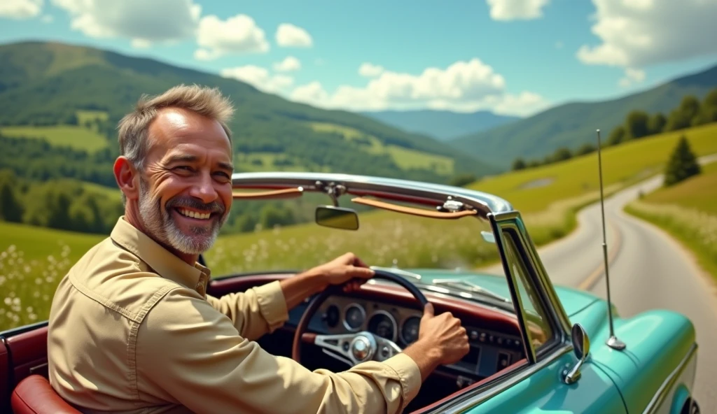 Man driving happily on the road; 