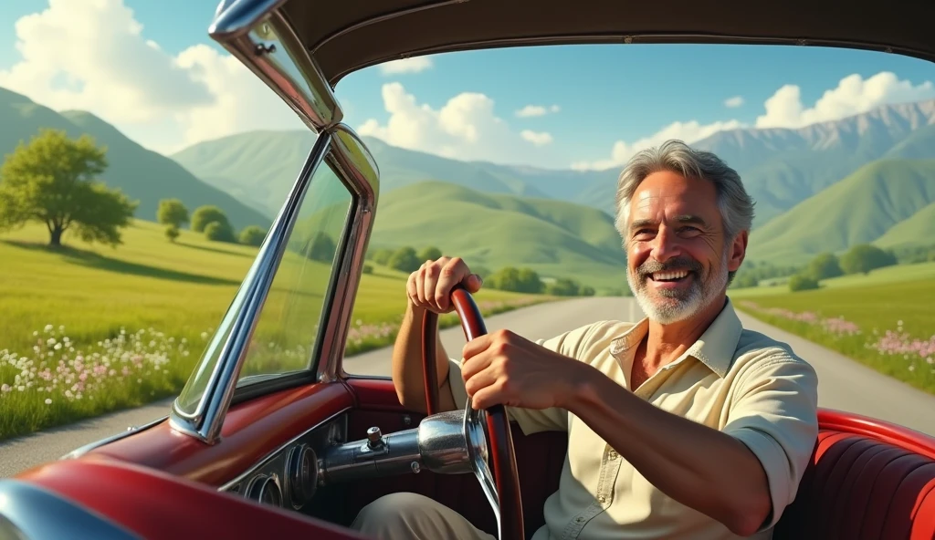 Man driving happily on the road;