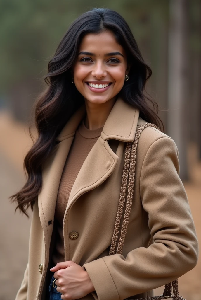 There is a young, Beautiful indian woman, who looks to the future like Katrina Kaif, Smiles into the camera, beautiful teeth, She looks into the camera, a portrait from raw photo, feet, hands, body, winter, coat, handbag,
