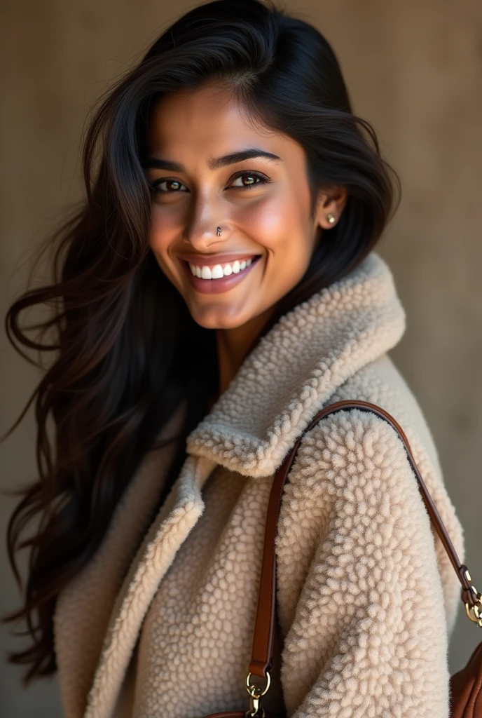 There is a young, Beautiful indian woman, who looks to the future like Katrina Kaif, Smiles into the camera, beautiful teeth, She looks into the camera, a portrait from raw photo, feet, hands, body, winter, coat, handbag,