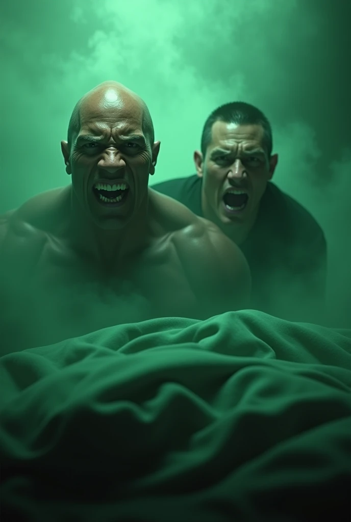 Dwayne Johnson scary face and John Sena scary face in their background green smoke and both are escape under the bed 